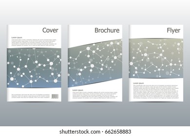 Brochure template layout, flyer, cover, annual report, magazine in A4 size. Structure of molecular particles and atom. Polygonal abstract background. Vector illustration