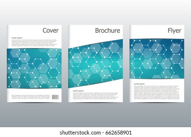 Brochure template layout, flyer, cover, annual report, magazine in A4 size. Structure of molecular particles and atom. Polygonal abstract background. Vector illustration