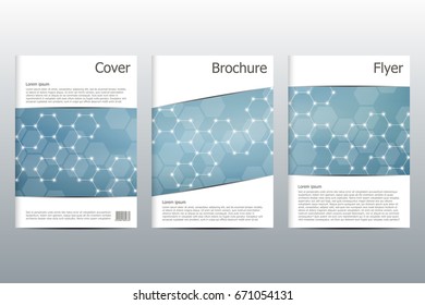 Brochure template layout, flyer, cover, annual report, magazine in A4 size. Structure of molecular particles and atom. Polygonal abstract background. Vector illustration