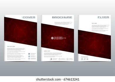 Brochure template layout, flyer, cover, annual report, magazine in A4 size. Structure of molecular particles and atom. Polygonal abstract background. Vector illustration