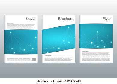 Brochure template layout, flyer, cover, annual report, magazine in A4 size. Structure of molecular particles and atom. Polygonal abstract background. Vector illustration