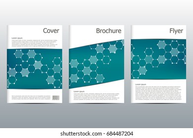Brochure template layout, flyer, cover, annual report, magazine in A4 size. Structure of molecular particles and atom. Polygonal abstract background. Vector illustration