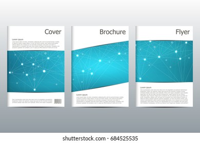 Brochure template layout, flyer, cover, annual report, magazine in A4 size. Structure of molecular particles and atom. Polygonal abstract background. Vector illustration