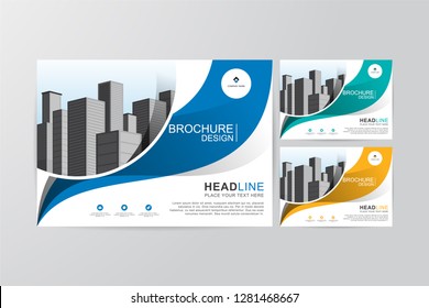 Brochure template layout isolated in clean, cover design, poster, wall sign, annual report, magazine, flyer or booklet in horizontal A4 with blue, green, and yellow, geometric shapes background