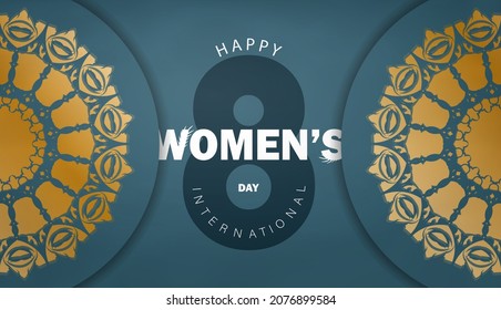 Brochure template March 8 Blue with vintage gold pattern