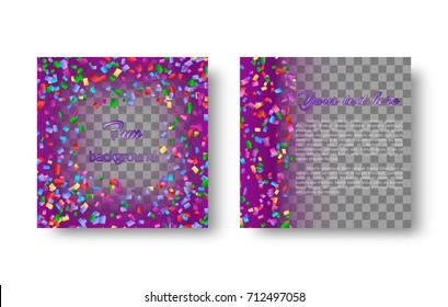 Brochure template with multicolored falling confetti on a lilac background