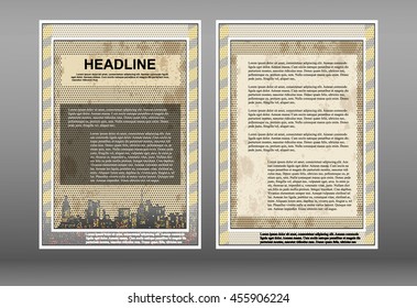 Brochure template with perforation and frame, cityscape with space for text or image, showing two sides of front and back.