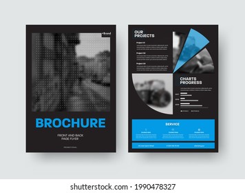 Brochure template with place for photo, round inserts, presentation of vector creative design on black background, front, back. Layout flyer for business concept with corporate identity information.