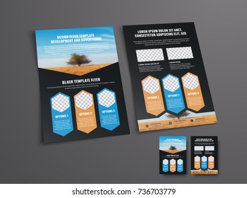 brochure template with a place for photos in the form of arrows and hexagons. Design of a black flyer for business advertising, reports and printing.