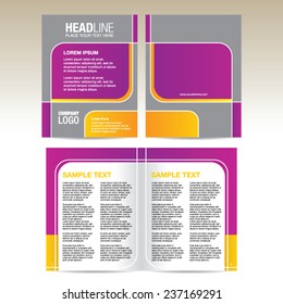 Brochure template, purple and yellow design with cover and open pages