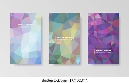 Brochure template set with rainbow low polygon background, colorful company cover report abstract book design, white text flyer layout CMYK printing.