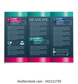 Brochure template with transparent banners on a dark background.