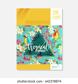 Brochure Template. Tropical Flowers and Parrots Summer Graphic Background, Exotic Floral Banner, Invitation, Flyer or Card. Modern Front Page in Vector