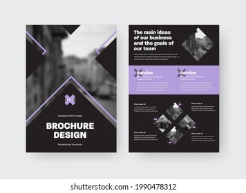Plantilla de folleto con ilustración vectorial, inserciones púrpura, cruz, lugar para la foto, presentación de diseño creativo sobre fondo negro. Diseño del folleto de identidad corporativa, concepto de negocio