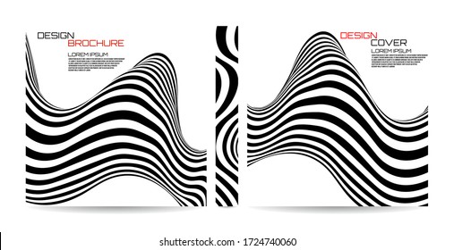 Brochure template wave with black and white striped, futuristic lines. Magazine, poster, book, presentation, advertising. Abstract vector background. Cover design your text