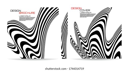 Brochure template wave with black and white striped, futuristic lines. Magazine, poster, book, presentation, advertising. Abstract vector background. Cover design your text