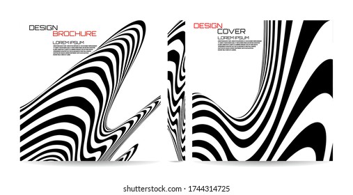 Brochure template wave with black and white striped, futuristic lines. Magazine, poster, book, presentation, advertising. Abstract vector background. Cover design your text