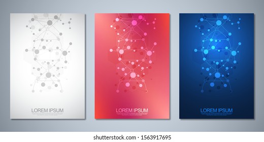 Brochure templates or cover book, page layout, flyer design with abstract background of molecular structures and DNA strand. Medical or scientific and technological concept