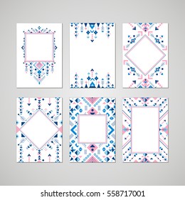 Brochure templates in ethnic style with triangles. Vector tribal pattern with geometric graphic design elements. Modern colorful backgrounds for card, page cover, poster print, flyer or invitation