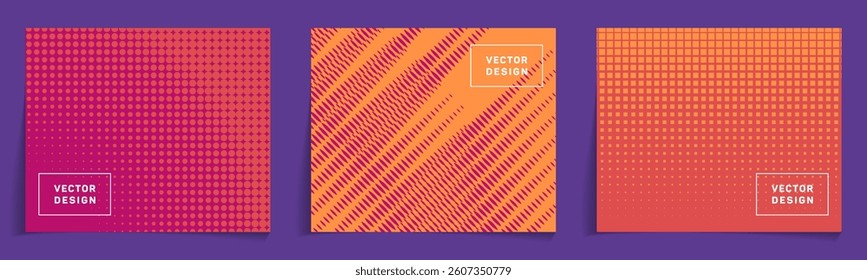 Brochure templates with halftone structure patterns vector set. Geometric notebook cover pages. Monotone backdrops for technological projects. Layered typography.