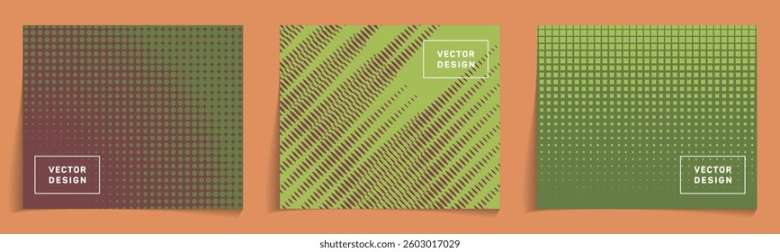 Brochure templates with halftone texture backdrops vector bunch. Digital busines brochure cover pages. Systematic patterns for business projects. Tech structural prints.