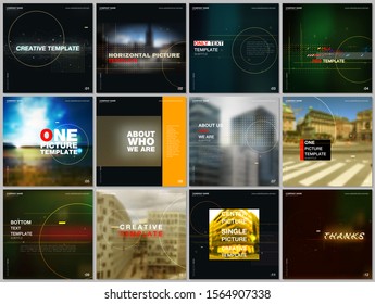 Brochure templates with technology backgrounds, glitches, lines, dots, circles. Covers design templates for square flyer, leaflet, brochure, report, advertising. Hi-tech futuristic graphic concept.
