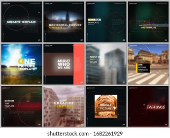 Plantillas de folletos con fondos tecnológicos, problemas, líneas, puntos, círculos. Comprende plantillas de diseño para volante cuadrado, folleto, folleto, informe, publicidad. Concepto gráfico futurista de alta tecnología.