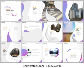 Brochure templates with trendy colorful circles, round shapes. Travel covers design templates for square flyer, leaflet, brochure, report, presentation, blog, social media advertising, online promo.