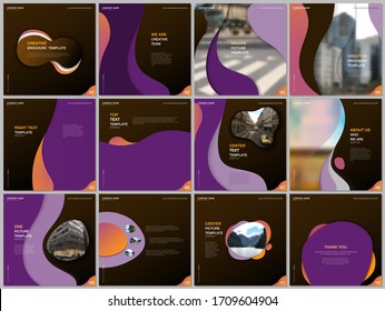 Brochure templates with trendy colorful circles, round shapes. Travel covers design templates for square flyer, leaflet, brochure, report, presentation, blog, social media advertising, online promo.