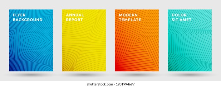 Brochure templates vector set. Cool halftone pattern covers. Front pages with halftone lines texture geometric design. Gradient broken lines cover page layouts. Parallel stripes geometry.