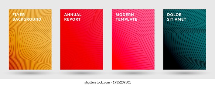 Brochure templates vector set. Flat halftone pattern covers. Front pages with halftone lines texture geometric design. Gradient broken lines cover page layouts. Parallel stripes geometry.