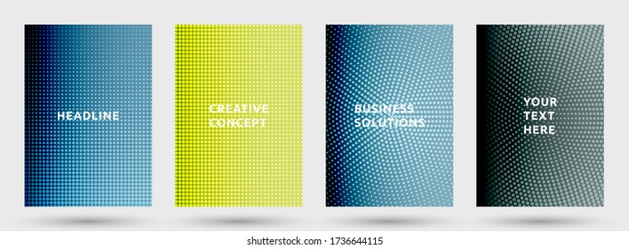 Brochure templates vector set. Grunge halftone pattern covers. Dots halftone texture title pages geometric design. Gradient backgrounds cover page layouts. Nise dots texture backdrops.