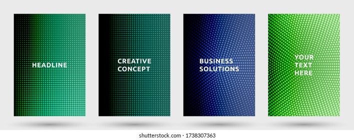 Brochure templates vector set. Vibrant halftone pattern covers. Noise halftone texture title pages geometric design. Gradient backgrounds cover page layouts. Nise dots texture composition.