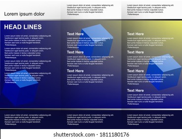 Brochure three columns with blue and yellow gradient mesh background with cubes illustration  and white header and dark blue footer