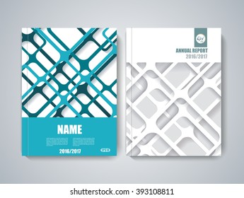 Brochure title sheet, polygonal stripe construction, spider web weave design.