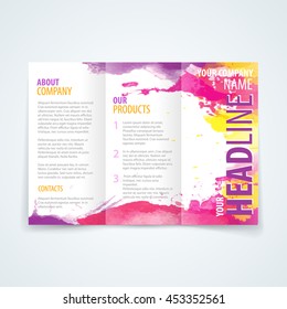 brochure vector design template of tri crease brochure with multicolor watercolour background beneficial for any project where a platter of color makes the difference brochure texture colorful concept