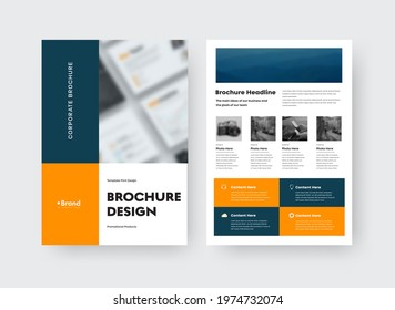 Brochure vector template with blue, orange design on white background, place for photo. Standard booklet with information presentation, product promotion. Layout mockup with text for business concept