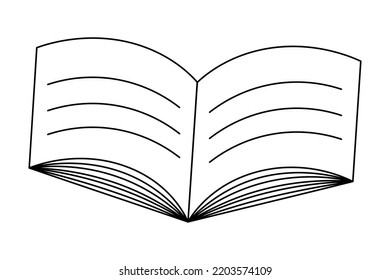 Brochure. View from above. Sketch. Vector illustration. Book in open position with text on pages. Coloring book for children. Doodle style. Outline on isolated background. School theme. 