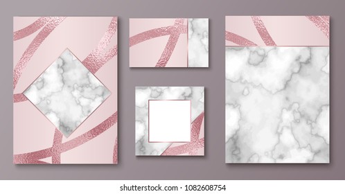 Conjunto de diseño de cartón o cartón, plantilla de papel de envolver de lujo o fondo de estilo geométrico moderno, con textura de mármol, metal de rosa dorada, marco, papel pintado vectorial, póster, caja de regalo