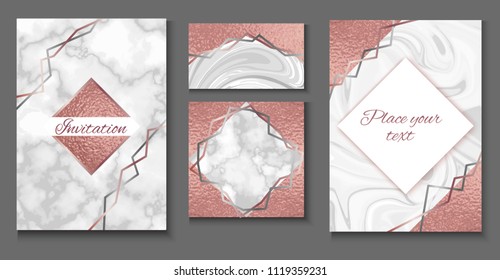 Brochure or vip packaging design set, luxury wrap paper template or background in trendy geometric style, with marble texture, gold rose metal, frame, vector fashion wallpaper, poster, gift box