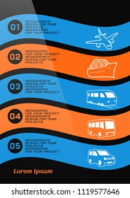 Brochure or web banner design with travel transport icons. Vector illustration
