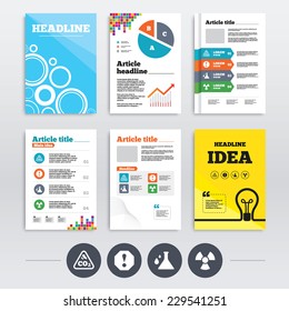 Brochures and A4 flyer leaflets. Attention and radiation icons. Chemistry flask sign. CO2 carbon dioxide symbol. Infographics design set. Vector