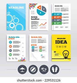 Brochures and A4 flyer leaflets. Beach holidays icons. Ball, umbrella and flip-flops sandals signs. Palm trees symbol. Infographics design set. Vector