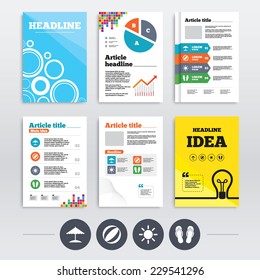Brochures and A4 flyer leaflets. Beach holidays icons. Ball, umbrella and flip-flops sandals signs. Summer sun symbol. Infographics design set. Vector