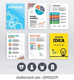 Brochures and A4 flyer leaflets. Clothes icons. T-shirt with business tie and pants signs. Women dress symbol. Infographics design set. Vector
