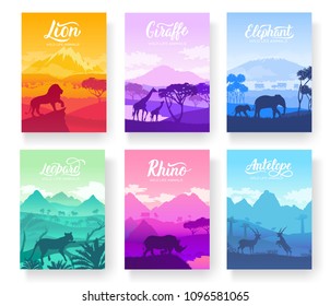 Brochures with African animals in natural habitat. Set of flyers with wildlife in the sunset of the day. Template of magazines, poster, book cover, banners. Landscape invitation concept