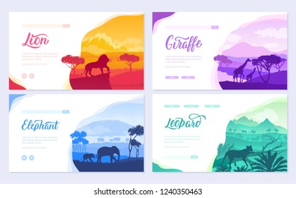 Brochures with African animals in natural habitat. Set of flyers with wildlife in the sunset of the day. Template of flyear, web banner, ui header, enter site. Layout illustration modern slider 