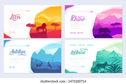 Brochures with African animals in natural habitat. Set of flyers with wildlife in the sunset of the day. Template of web banner, ui header, enter site. Layout illustration modern slider 