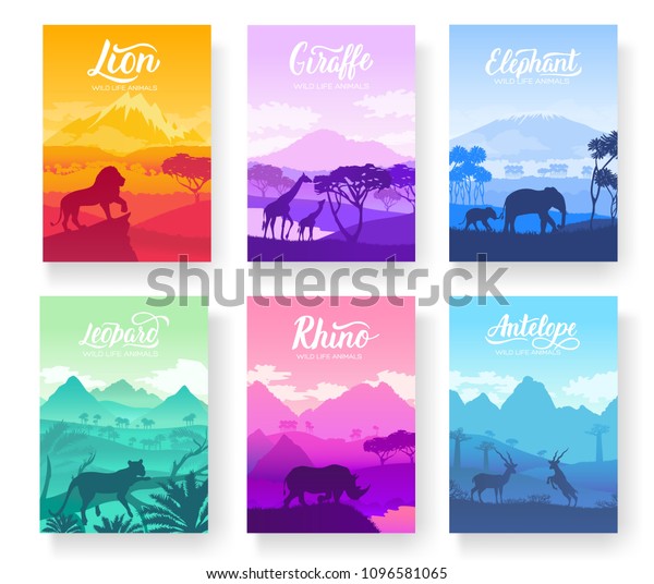 Brochures with African animals in natural
habitat. Set of flyers with wildlife in the sunset of the day.
Template of magazines, poster, book cover, banners. Landscape
invitation concept