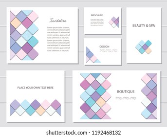 Brochures, flyers and business card templates set. Mosaic fancy pattern in different designs.